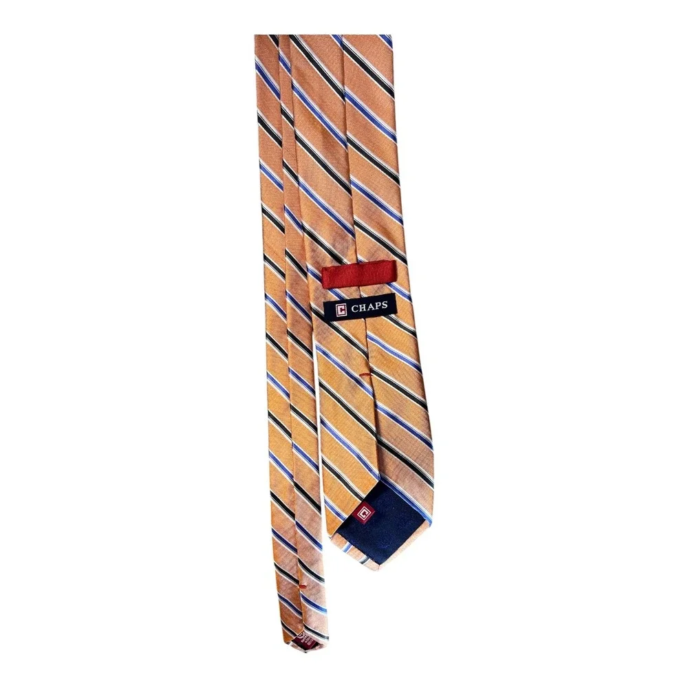 Chaps Mens Silk Necktie‎ Orange Navy Blue White Diagonal Striped Hand Made Tie